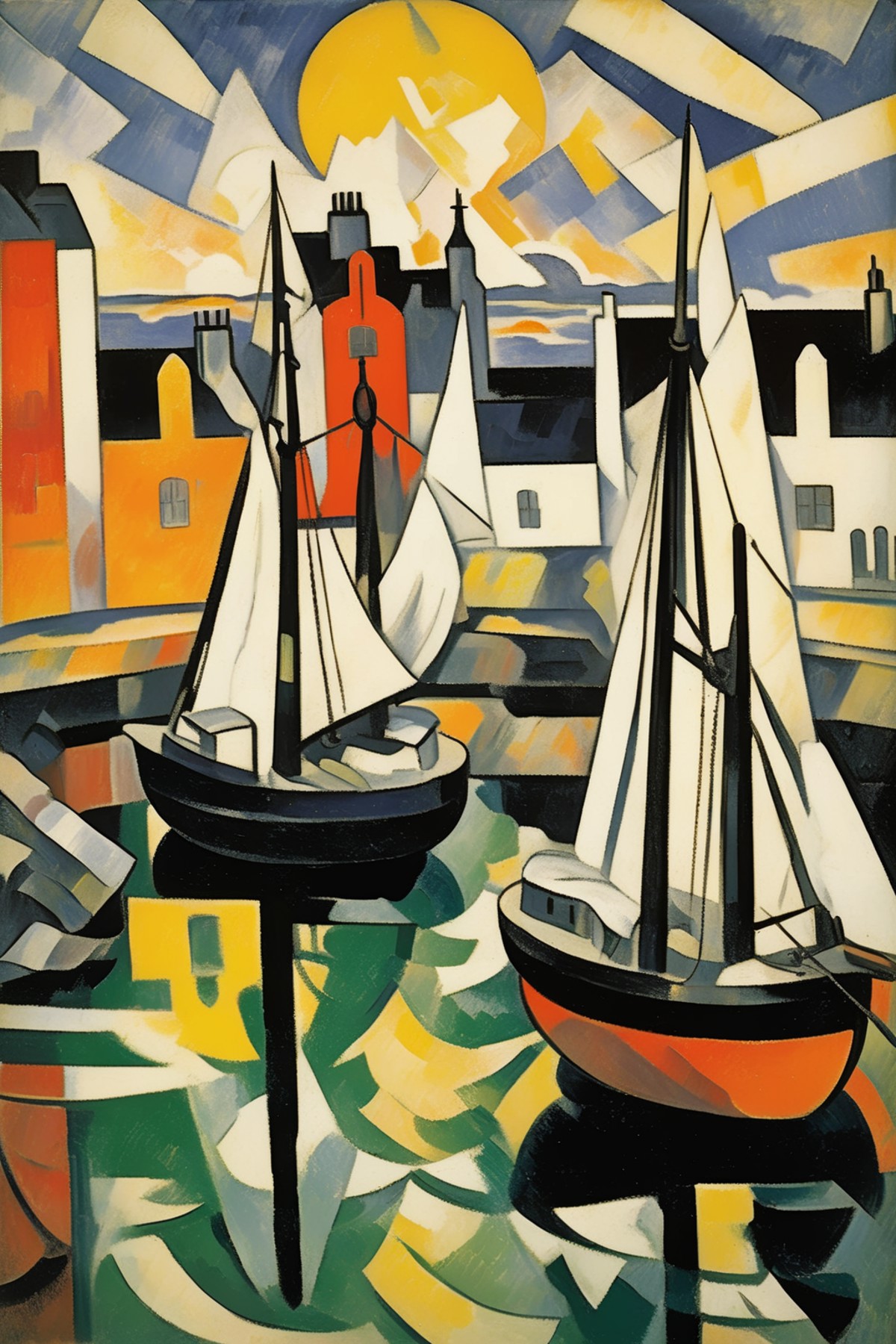 <lora:Lyonel Feininger Style:1>Lyonel Feininger Style - 102631. A painting by Georges Braque. A painting of Stornoway Harb...